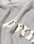 Stylish photo-shooting of a grey colour blanket with knotted fringe style.